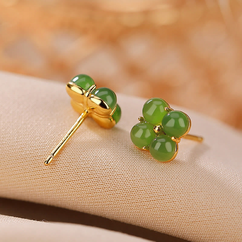 Boucles d’Oreilles Clous Trèfle à Quatre Feuilles en Jade Cyan – 8 mm