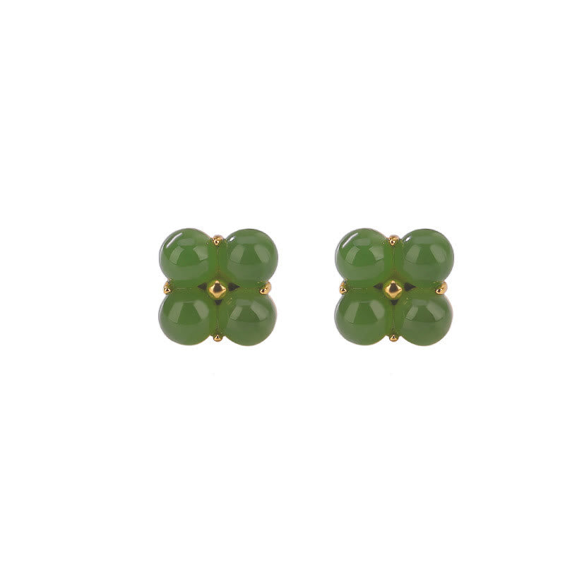 Boucles d’Oreilles Clous Trèfle à Quatre Feuilles en Jade Cyan – 8 mm