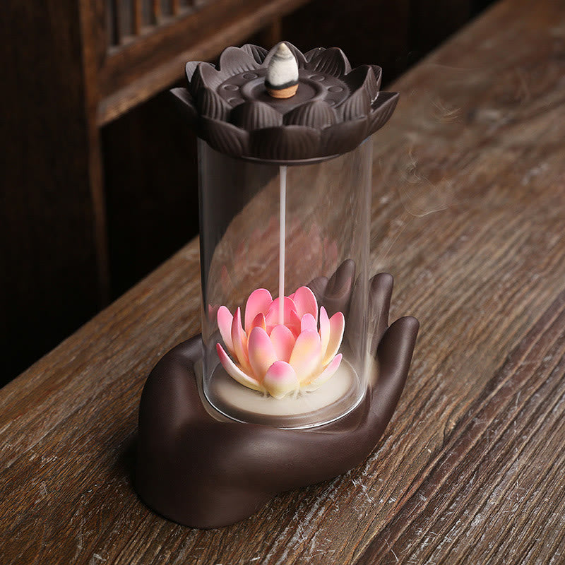 Porte-Encens Main de Bouddha Lotus Éveil en Argile Pourpre avec LED