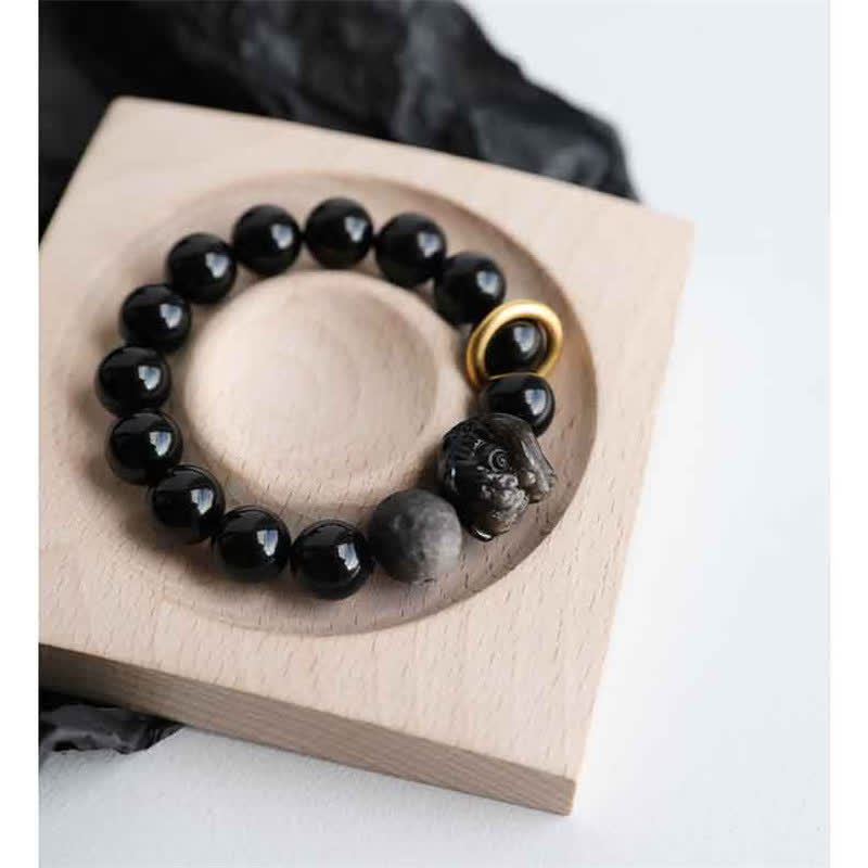 Bracelet Force du Lion en Obsidienne Noire & Argentée – Perles 12 mm