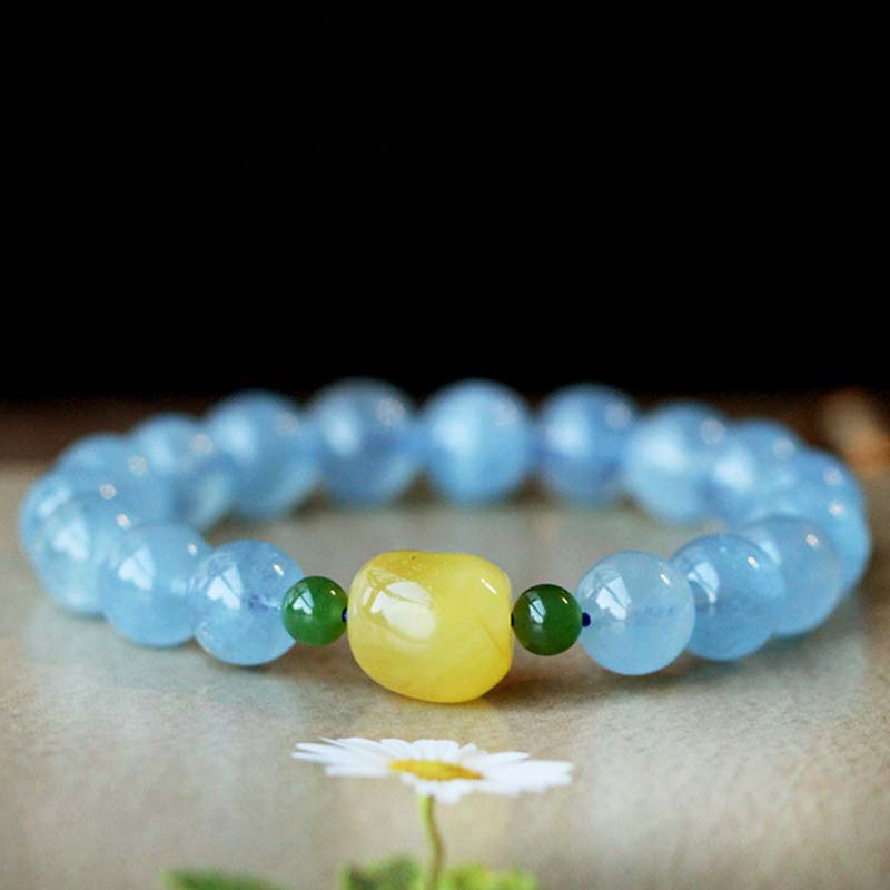 Bracelet Sérénité en Aigue-Marine & Ambre Naturels 8 mm | Harmonie & Apaisement Symbolique