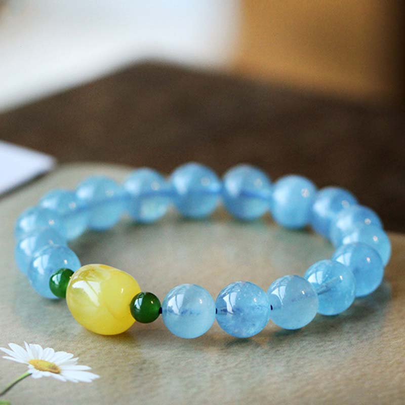 Bracelet Sérénité en Aigue-Marine & Ambre Naturels 8 mm | Harmonie & Apaisement Symbolique