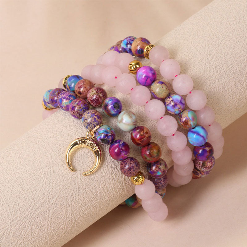 Mala de Méditation 108 Perles en Miano Real & Cristal Rose – Bracelet / Collier Spirituel Unisexe