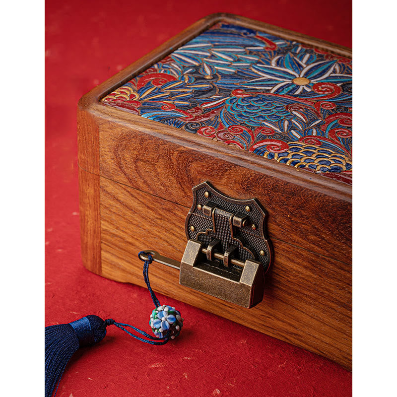 Boîte de rangement de bijoux en bois de rose à motif floral rétro faite à la main, boîte de rangement verrouillable en bois pour cadeaux