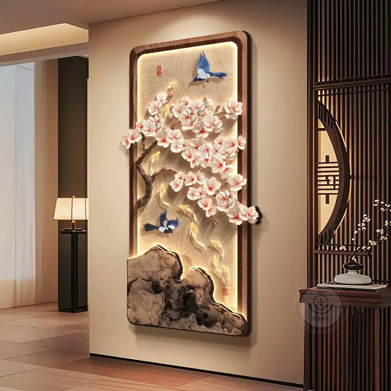 Décoration Murale Japonaise Lumineuse Feng Shui aux Fleurs de Cerisier et Neuf Poissons