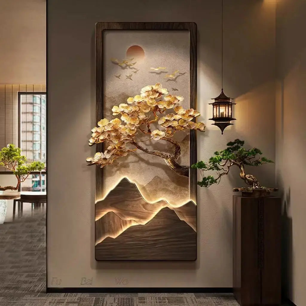 Décoration Murale Japonaise Lumineuse avec Arbre Doré et Paysage Zen