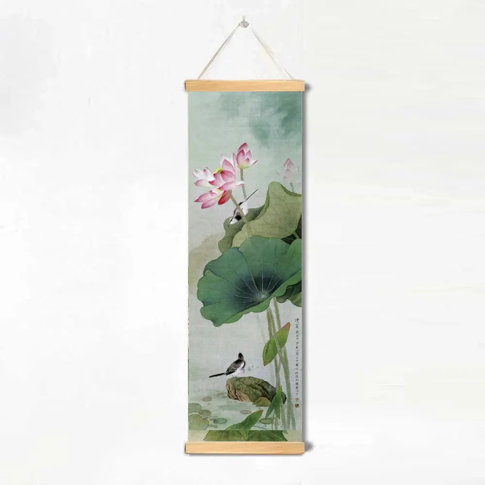 Décoration Murale Japonaise Zen aux Oiseaux et Fleurs (Kakemono)