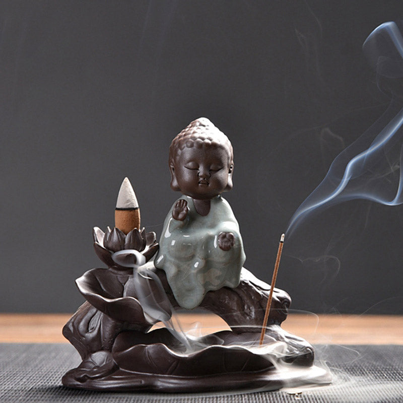 Brûleur d’Encens en Céramique Lotus & Petit Moine à Reflux