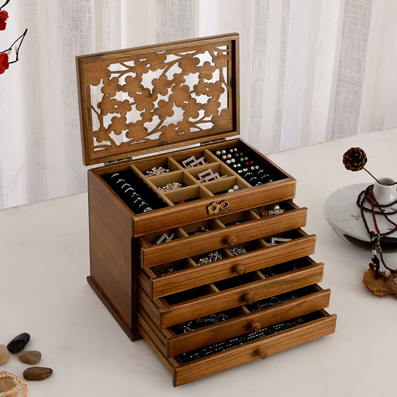 Boîte à bijoux en bois sculpté à six niveaux avec Buddha Stones et fleur de prunier vintage