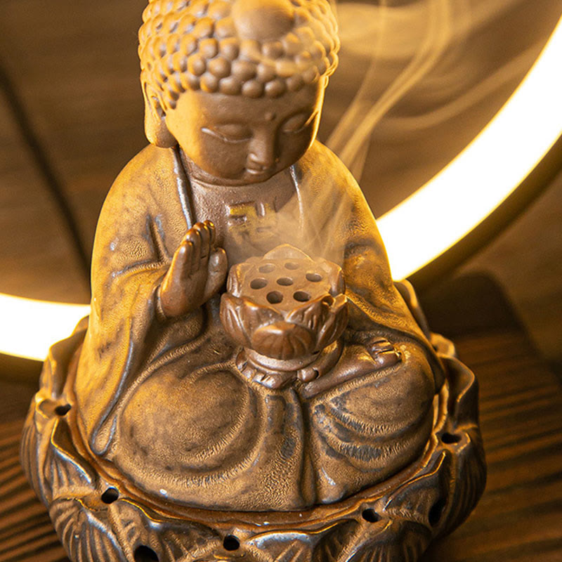 Brûleur d’Encens Reflux Bouddha Lotus en Céramique – Porte-Encens LED