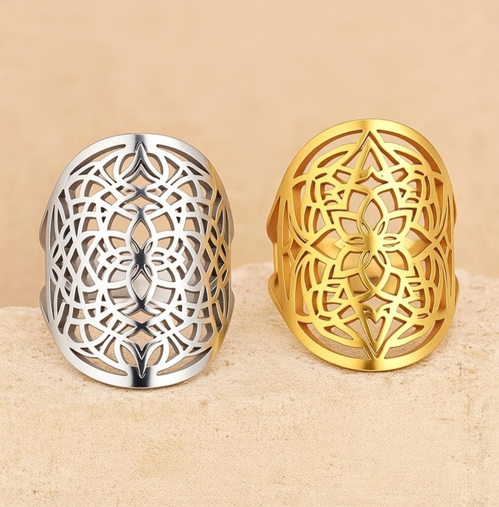 Bague “Fleur de Mandala” en Acier Inoxydable – Harmonie Symbolique & Élégance Intérieure