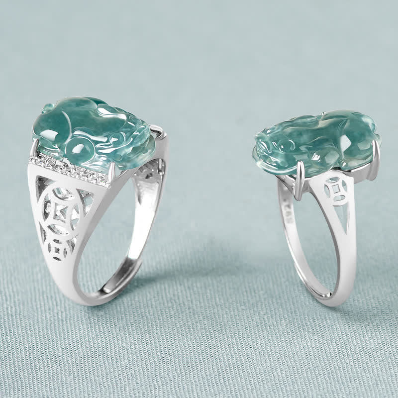 Bague Pixiu en Jade Naturel & Argent Sterling 925 – Talisman Symbolique de Prospérité