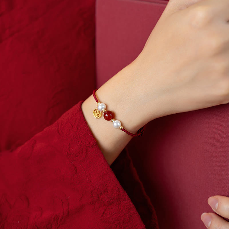 Bracelet Fil Rouge en Argent Sterling 925 avec Symbole Fu (福)