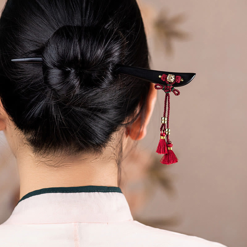Pic à Cheveux Ébène & Pampille Rouge – 18 cm