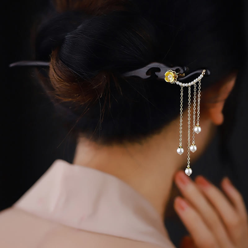 Pic à Cheveux Ébène & Perles Jaunes 18cm