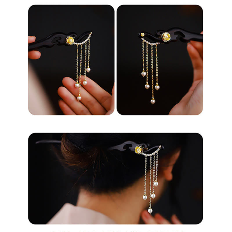 Pic à Cheveux Ébène & Perles Jaunes 18cm