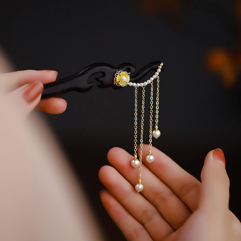 Pic à Cheveux Ébène & Perles Jaunes 18cm