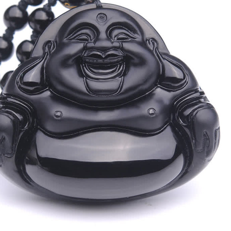 Pendentif Bouddha Rieur en Obsidienne Noire Naturelle