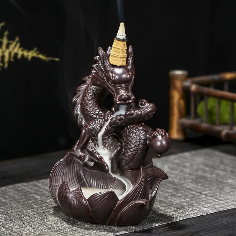 Brûleur d'encens en céramique à motif de dragon et de lotus