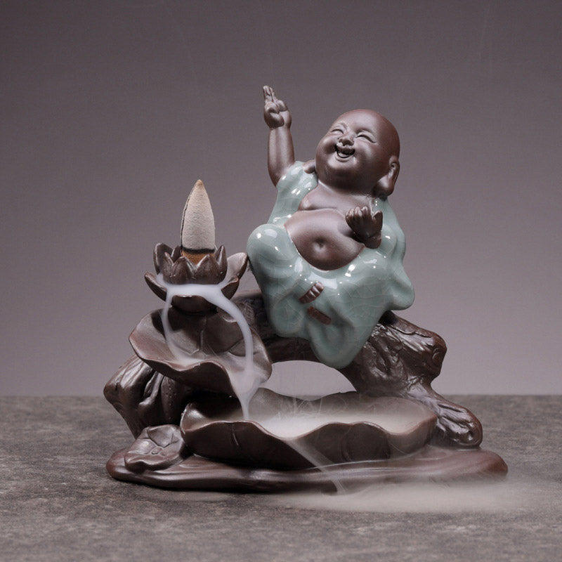 Brûleur d’Encens en Céramique Lotus & Petit Moine à Reflux