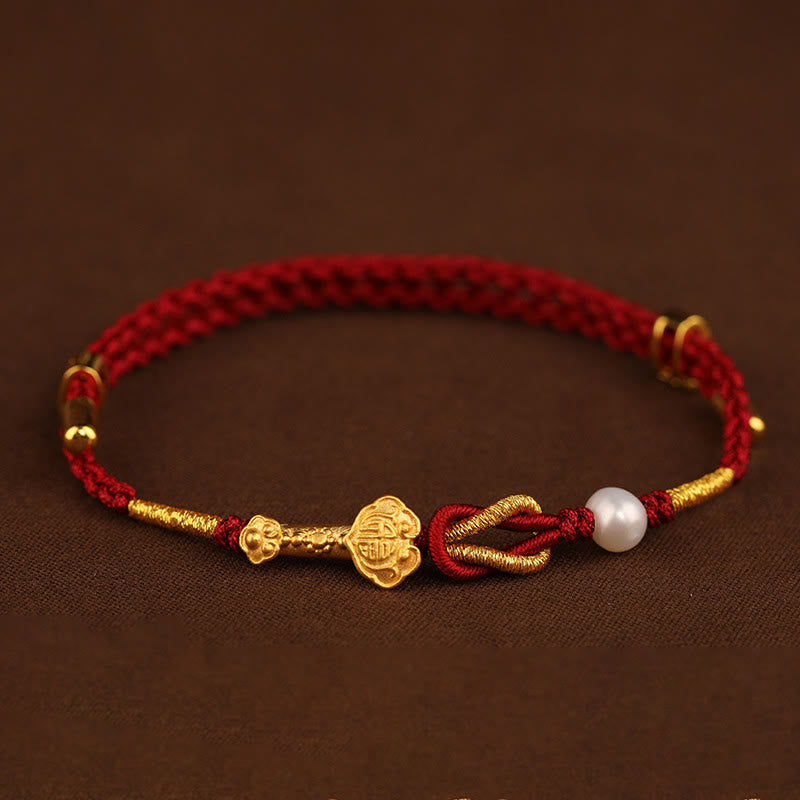Bracelet Porte-Bonheur Ruyi Fu en Or 24 Carats & Fil Rouge Ajustable