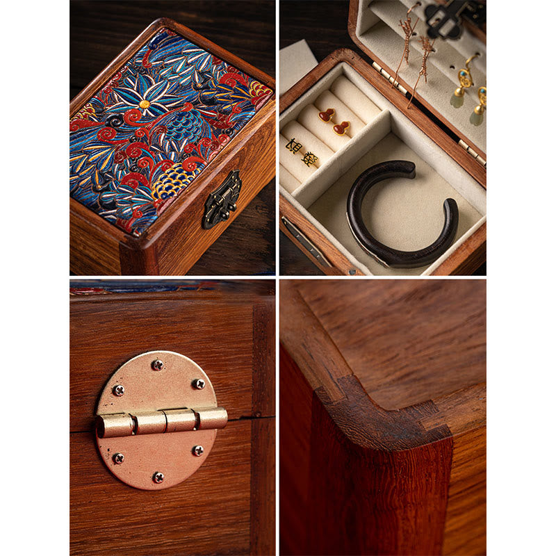 Boîte de rangement de bijoux en bois de rose à motif floral rétro faite à la main, boîte de rangement verrouillable en bois pour cadeaux