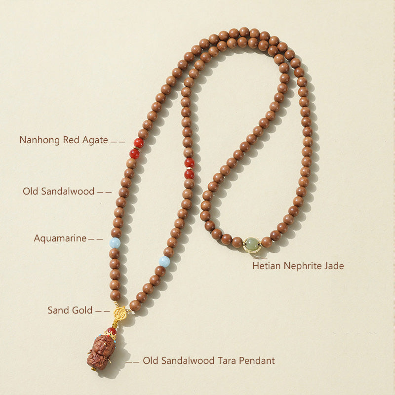 Bracelet Mala en Bois de Santal Ancien – Symboles Sacrés & Pierres Naturelles