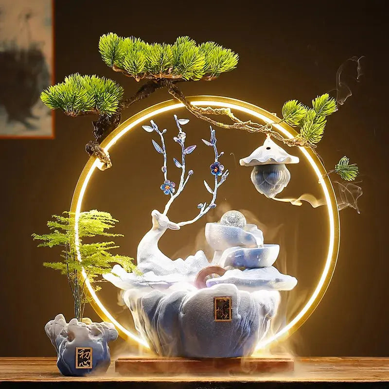Élan de Pureté · Fontaine d’Encens LED Cerf & Fleurs
