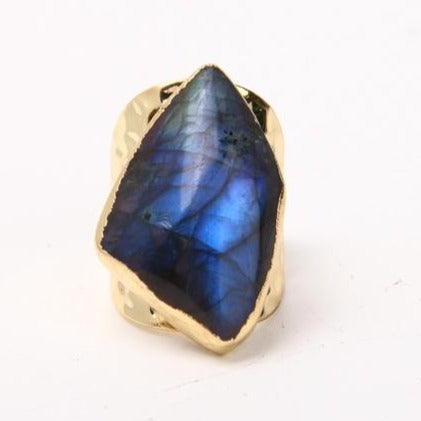 Bague Ajustable en Labradorite Naturelle & Finition Dorée – Anneau Martelé Unisexe