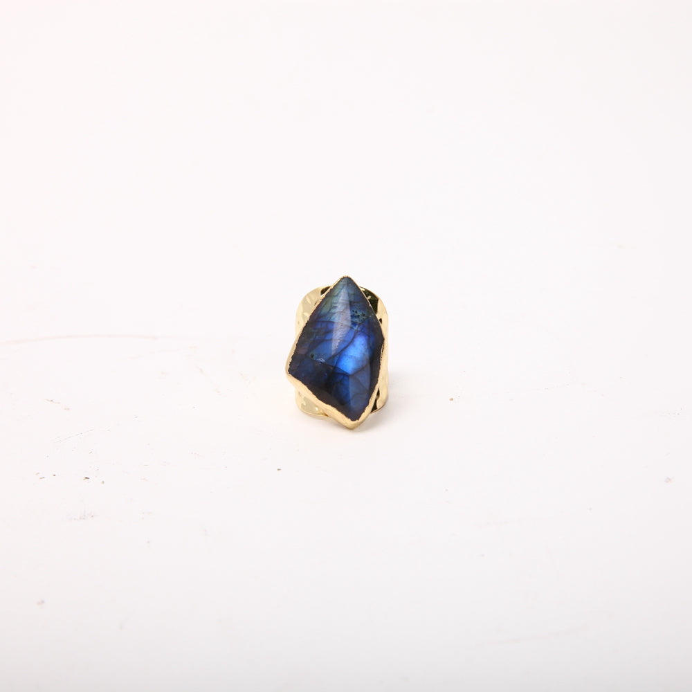 Bague Ajustable en Labradorite Naturelle & Finition Dorée – Anneau Martelé Unisexe