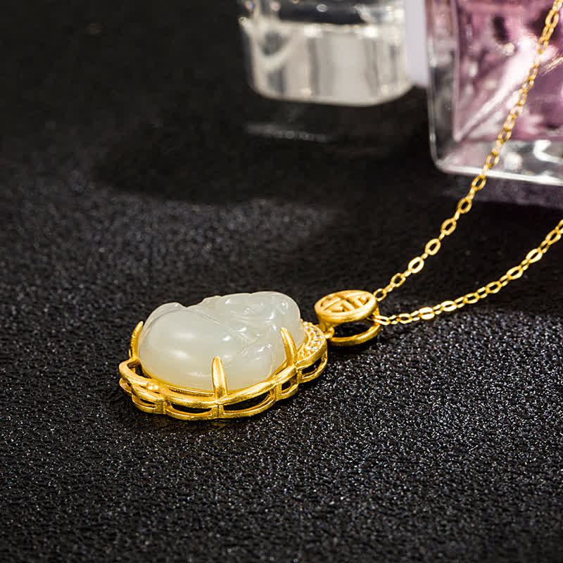 Collier Bouddha en Jade Blanc Hetian & Argent 925 – 40+5 cm
