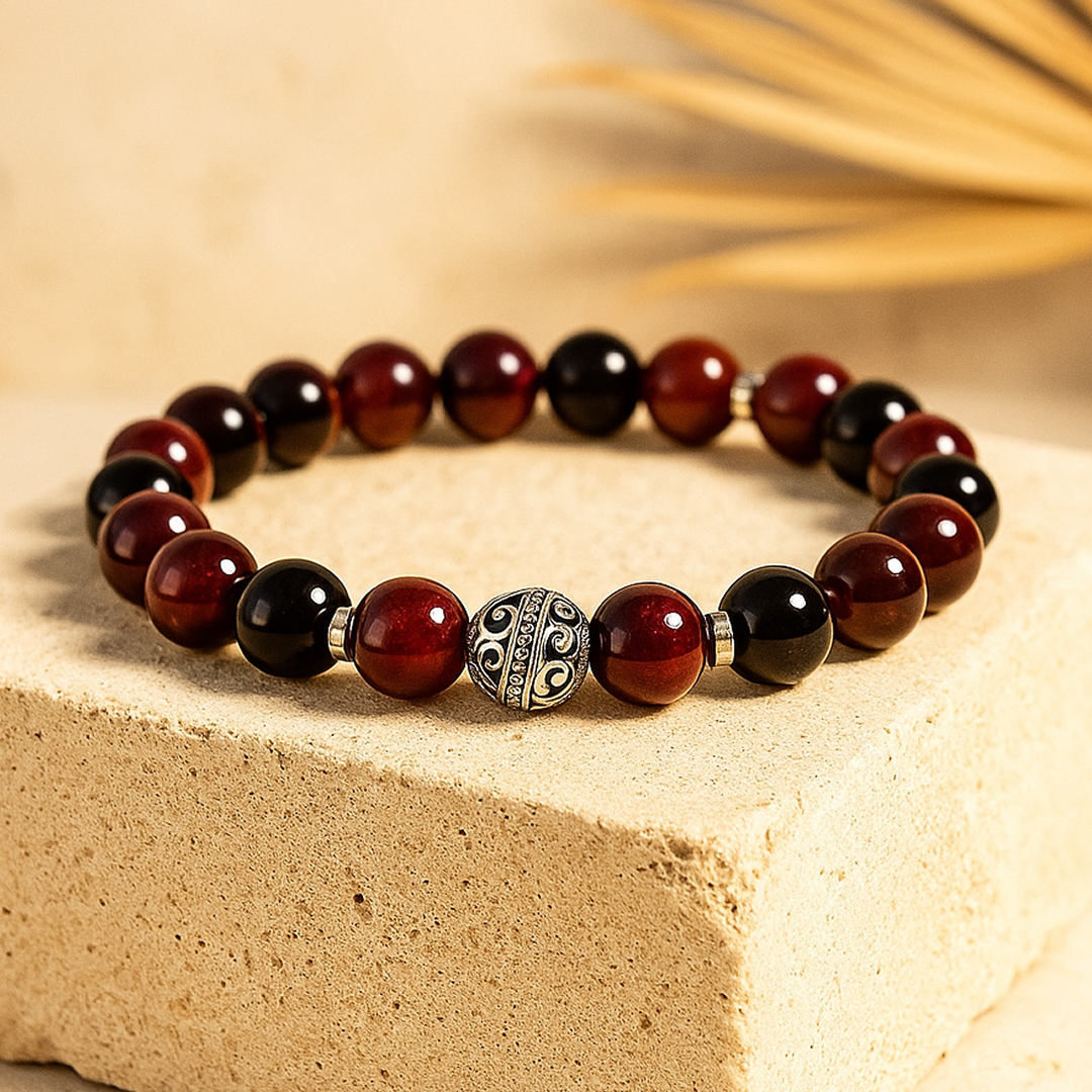 Bracelet Premium Flamme Ardente en Grenat, Œil de Taureau & Obsidienne noire
