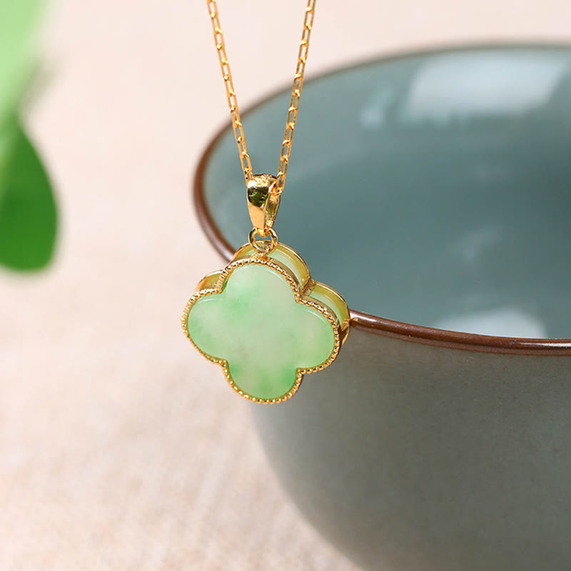 Collier Porte-Bonheur en Jade Naturel Trèfle à Quatre Feuilles