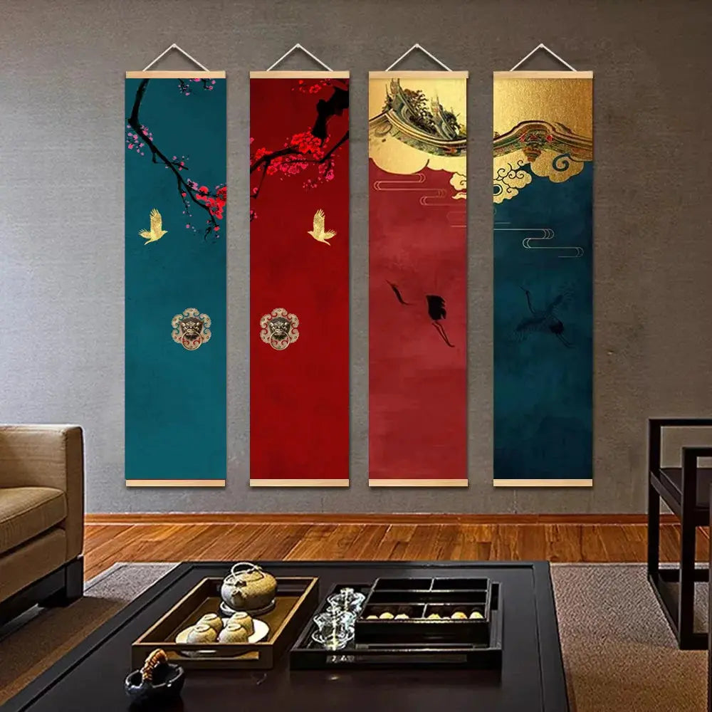 Kakemono Japonais Zen aux Grues et Fleurs de Cerisier