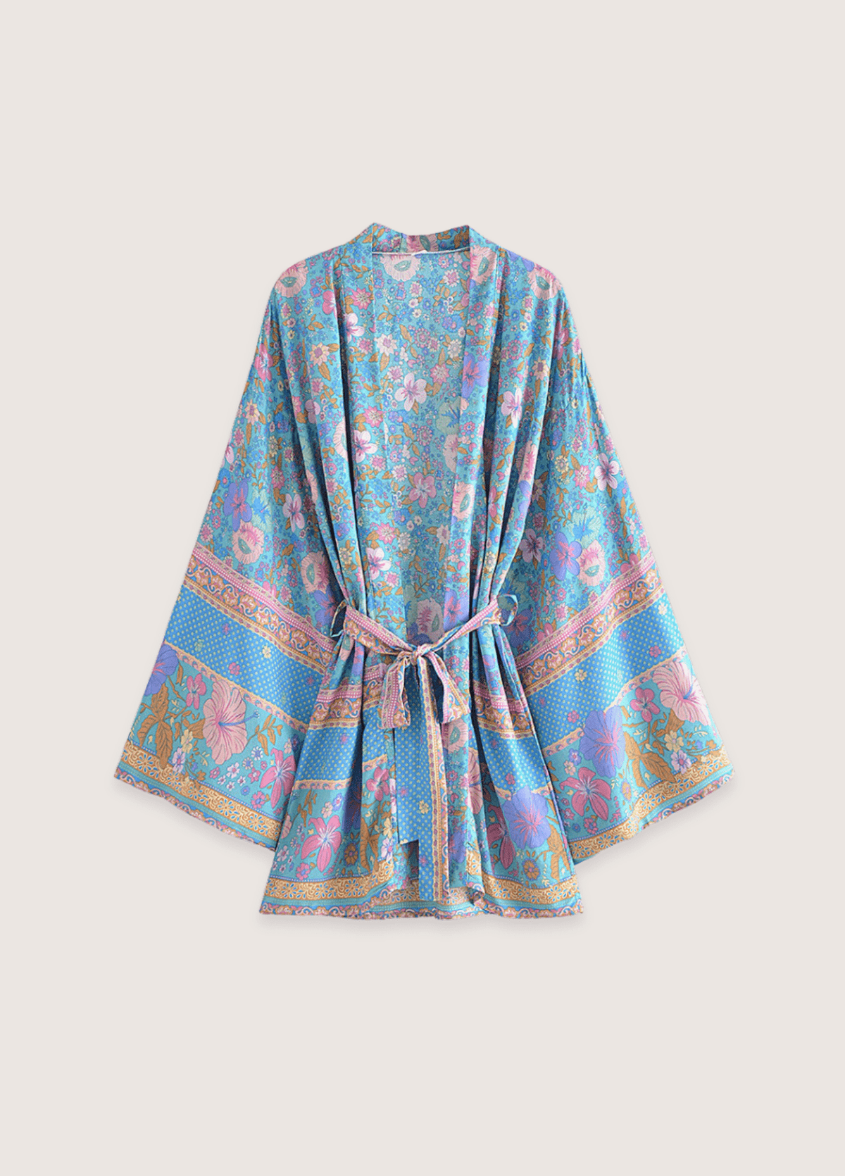 Kimono court femme coton floral bleu
