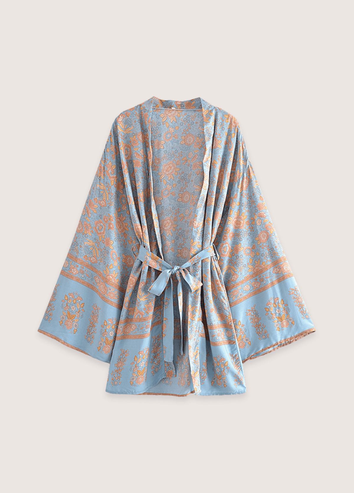 Kimono court femme coton floral bleu-gris