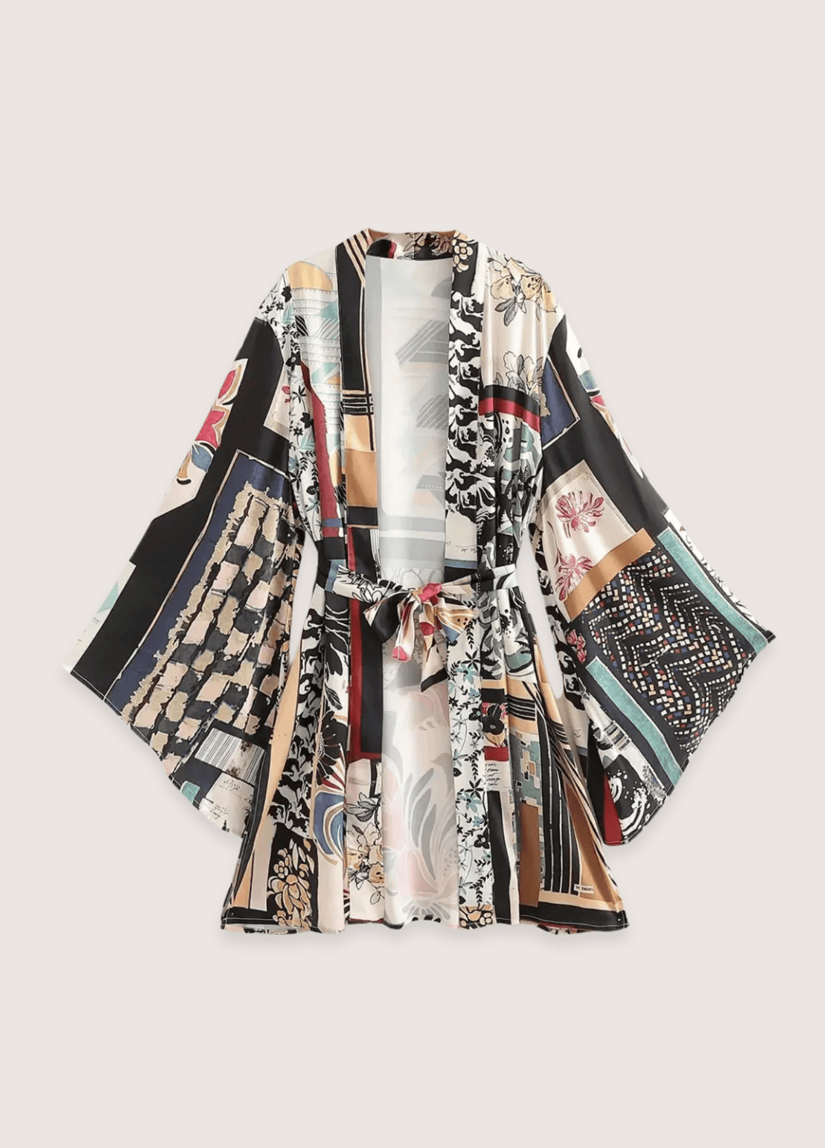 Kimono court femme soie motif pivoine multi – Kintsugi