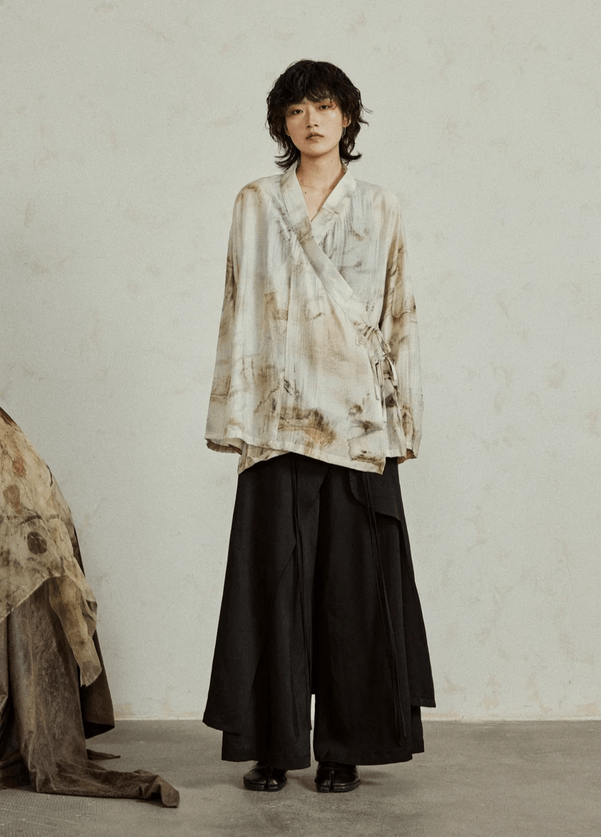 Kimono court femme gaze imprimé encre beige – Sumi-e