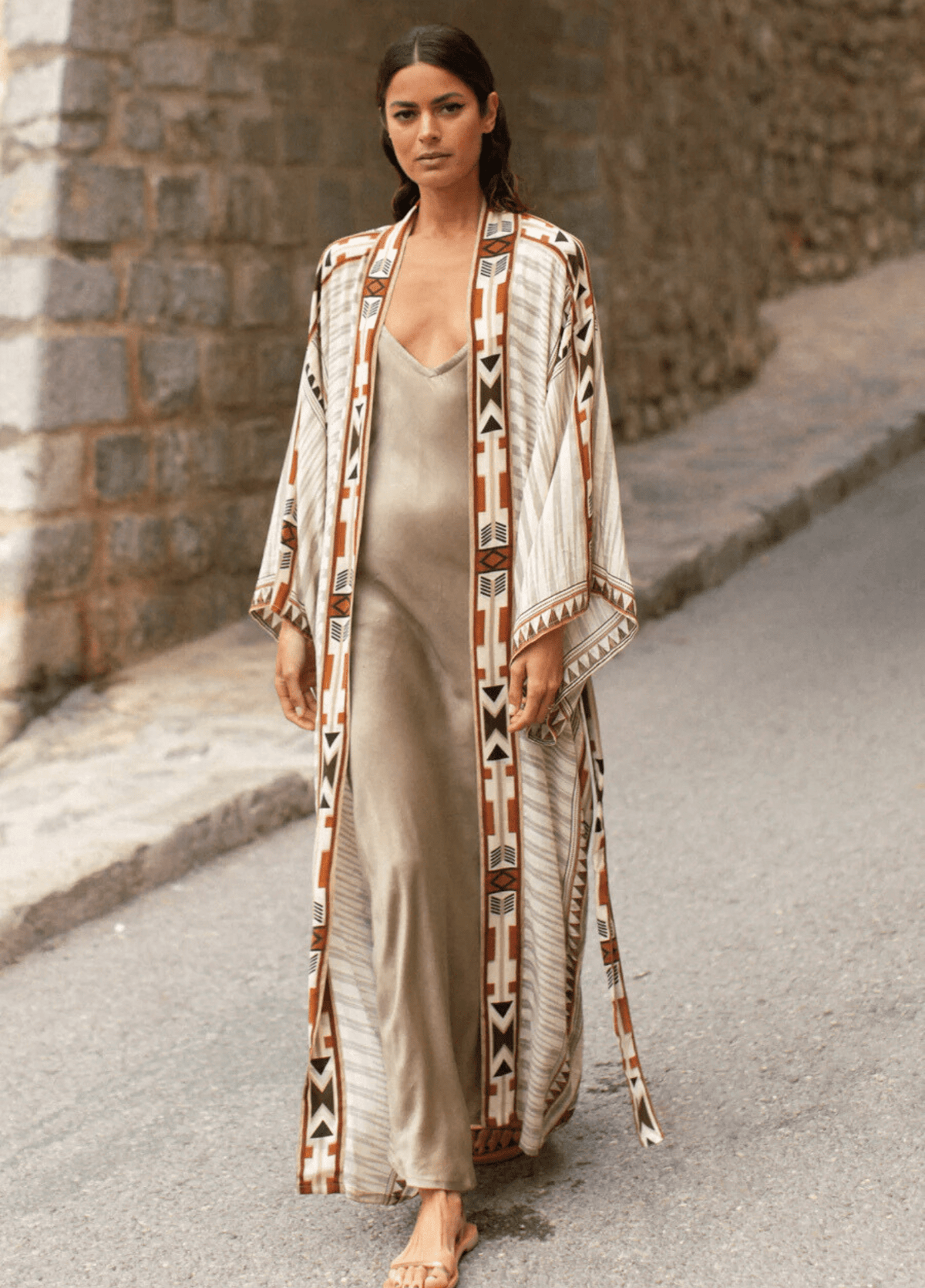 Kimono long femme coton motif montagne beige