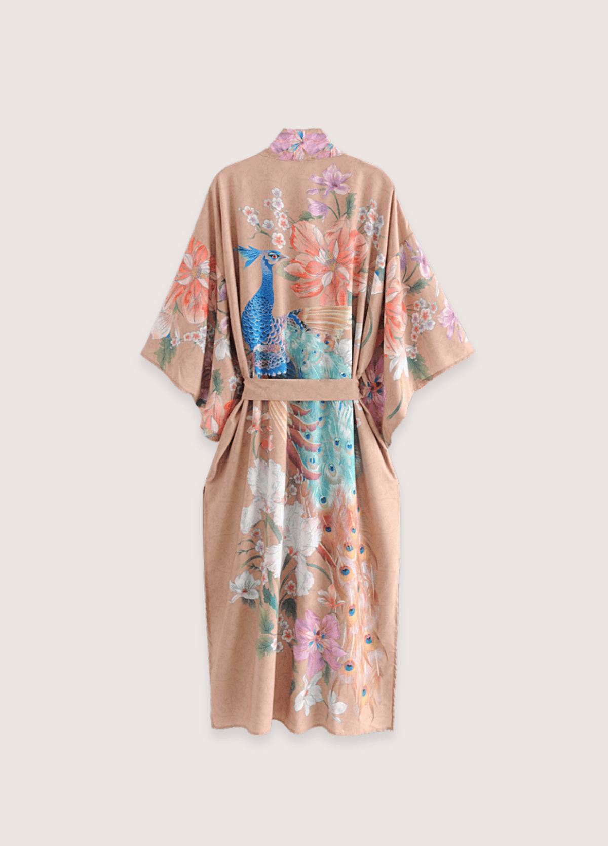 Kimono long femme coton motif pivoine beige rosé