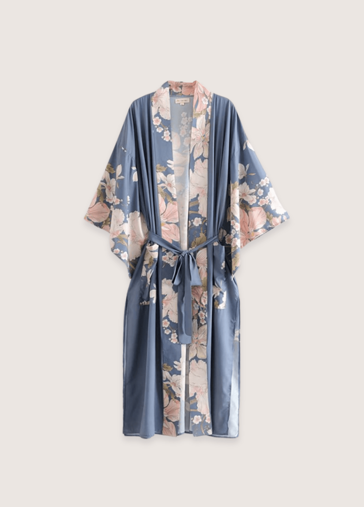 Kimono long femme satiné motif cerisier bleu