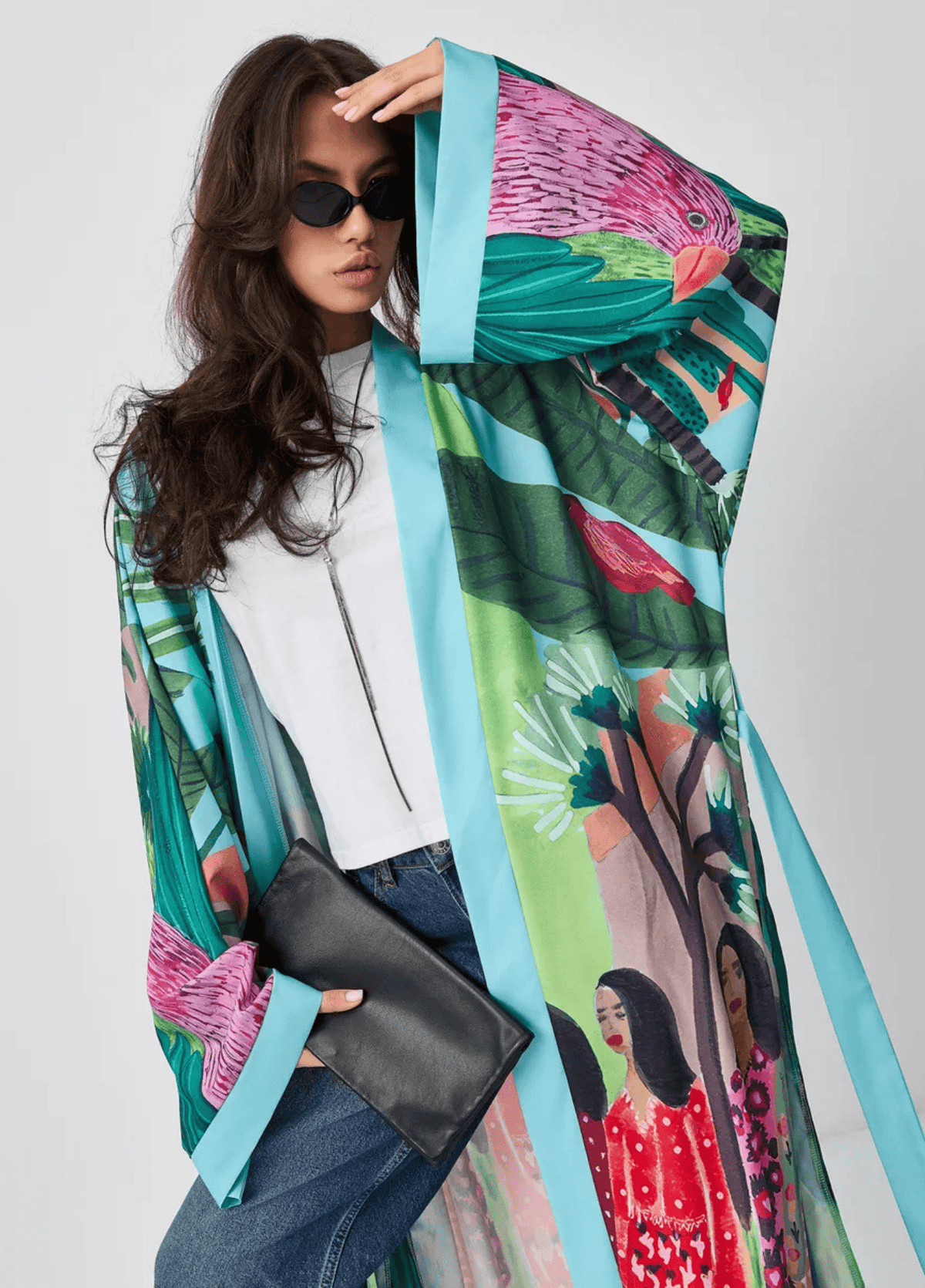 Kimono long femme imprimé tropical turquoise – Janguru