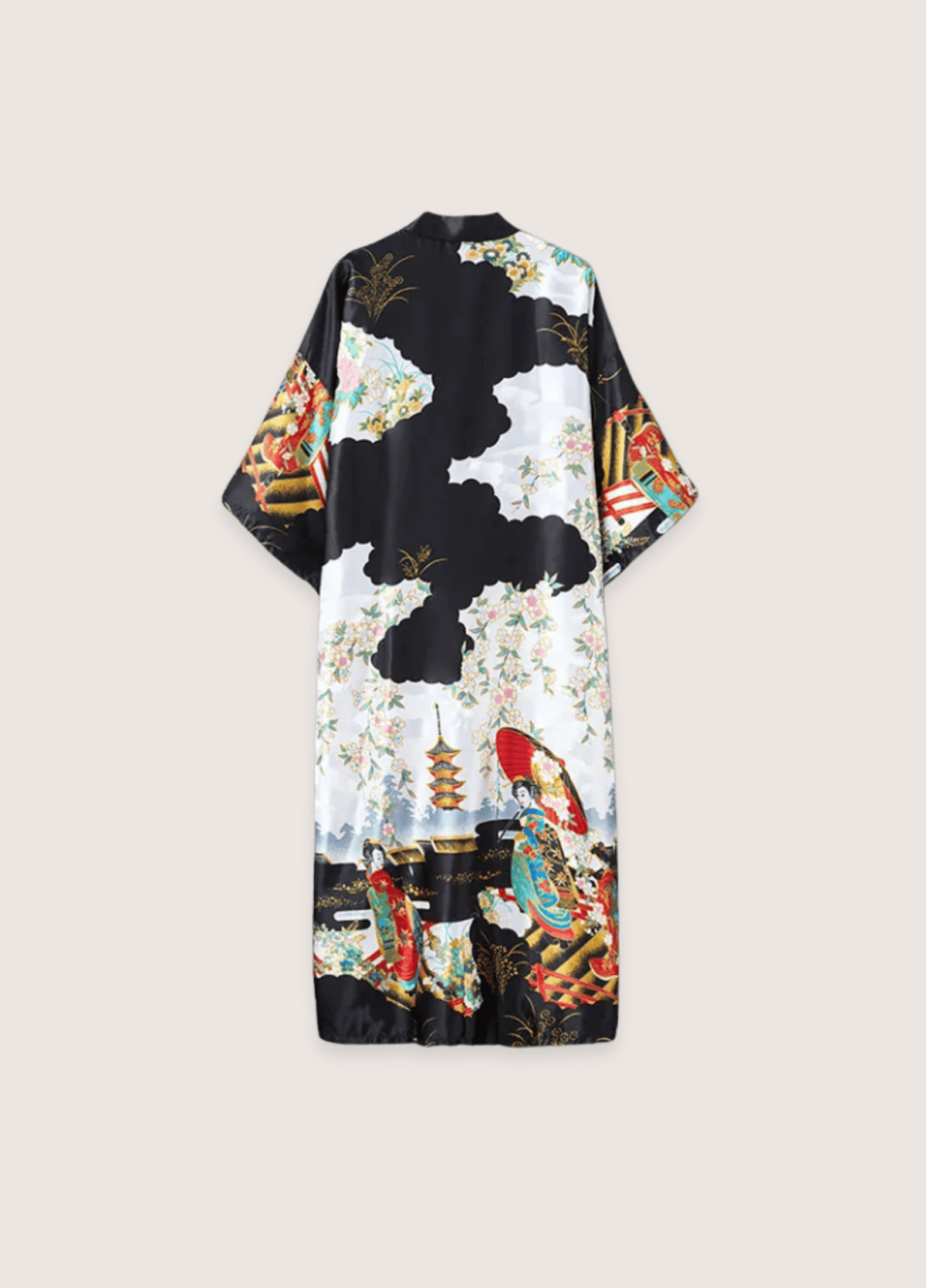 Kimono long femme effet soie noir imprimé geisha – Akane