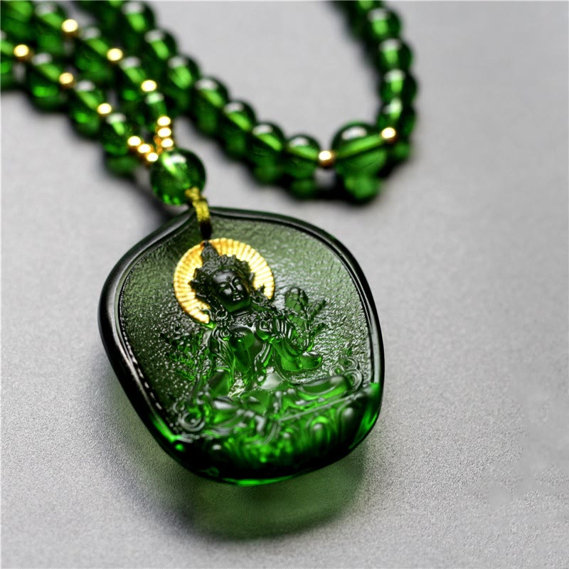 Pendentif Tara Verte en Cristal Liuli – Amulette de Protection Spirituelle (46 mm)
