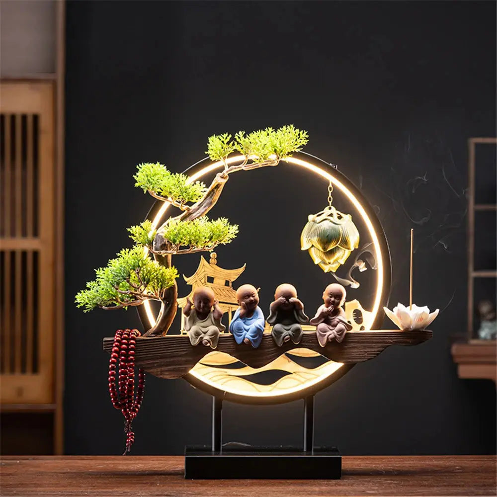Candeur Sacrée · Fontaine d’Encens LED Moines & Branche Fleurie