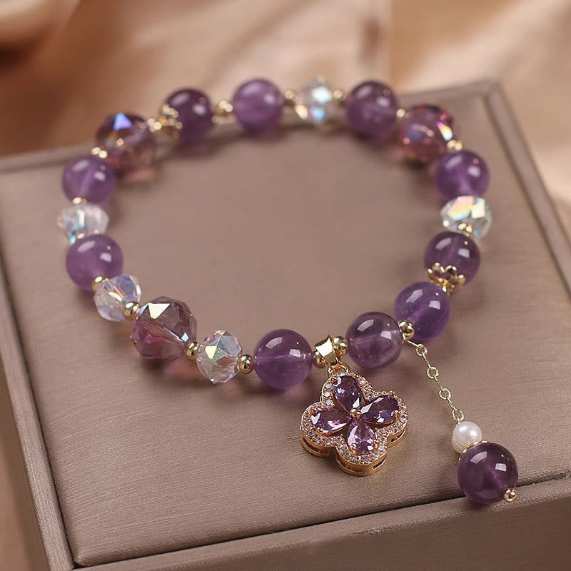 Bracelet de guérison spirituelle en améthyste naturelle avec breloque trèfle à quatre feuilles