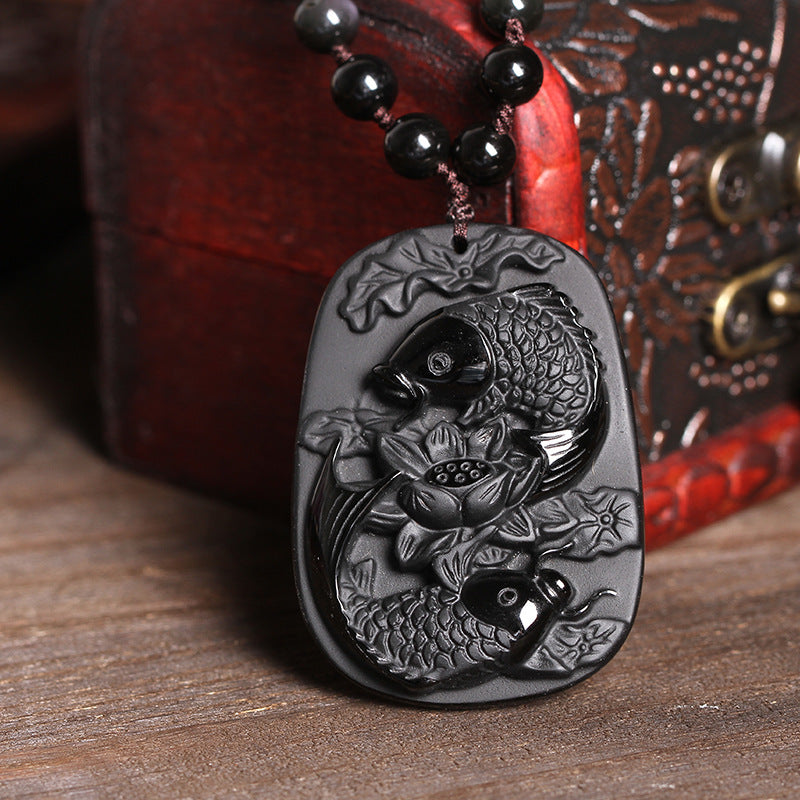 Collier Lotus & Carpe Koï en Obsidienne Noire Naturelle