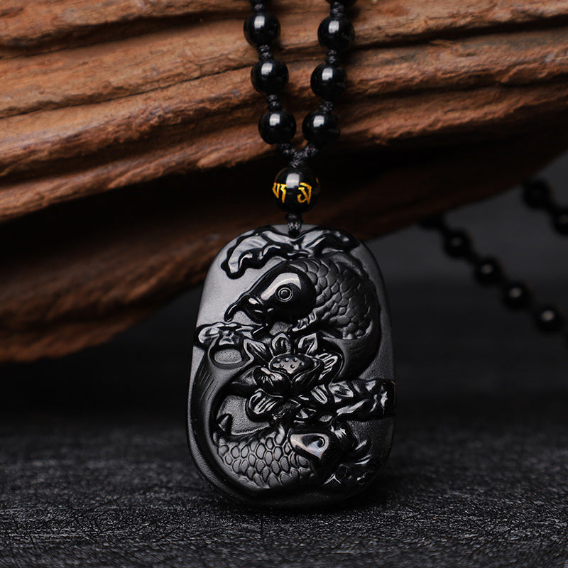 Collier Lotus & Carpe Koï en Obsidienne Noire Naturelle