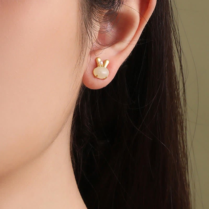 Boucles d’Oreilles Lapin en Jade Hetian Naturel & Perles – Argent 925