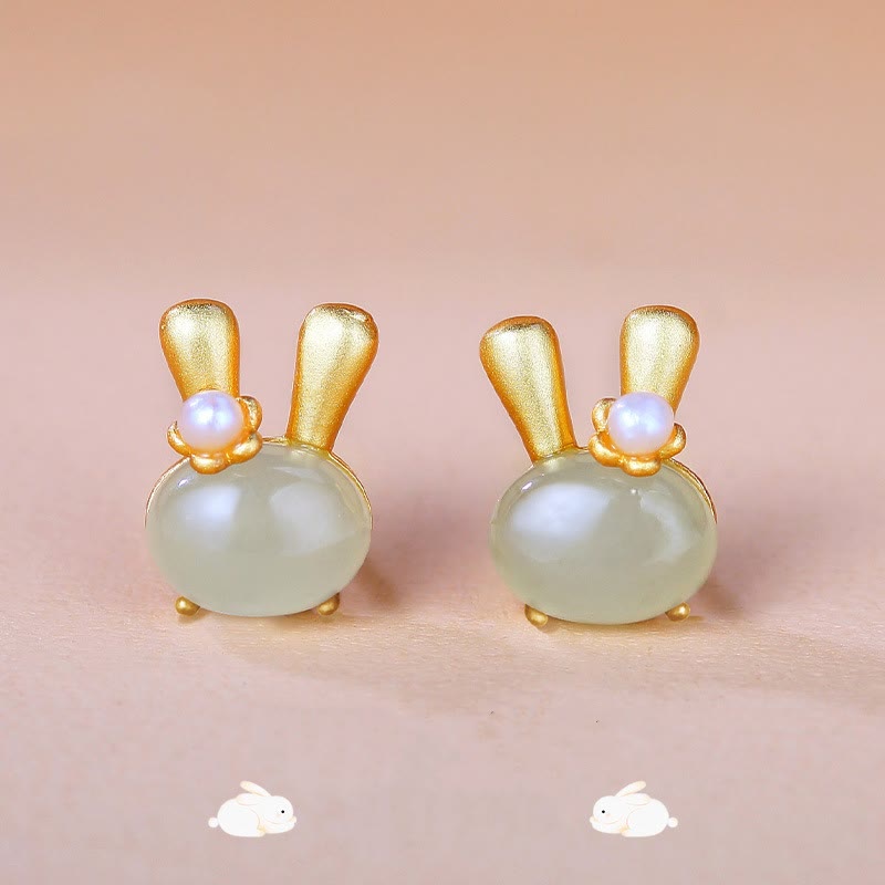 Boucles d’Oreilles Lapin en Jade Hetian Naturel & Perles – Argent 925